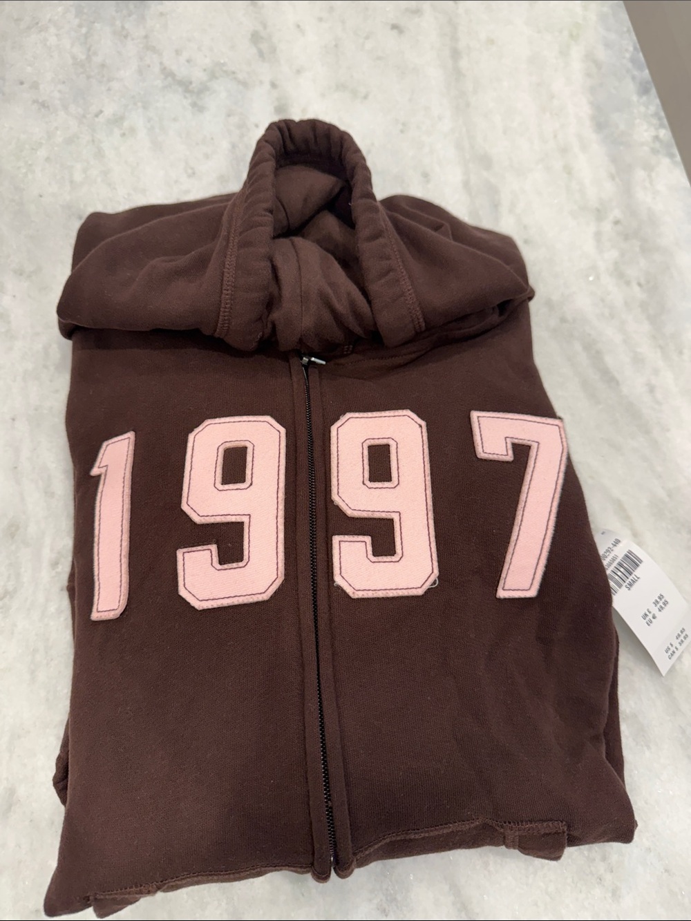 Hollister NWT Brown Zip Hoodie with Pink '1997' Appliqué